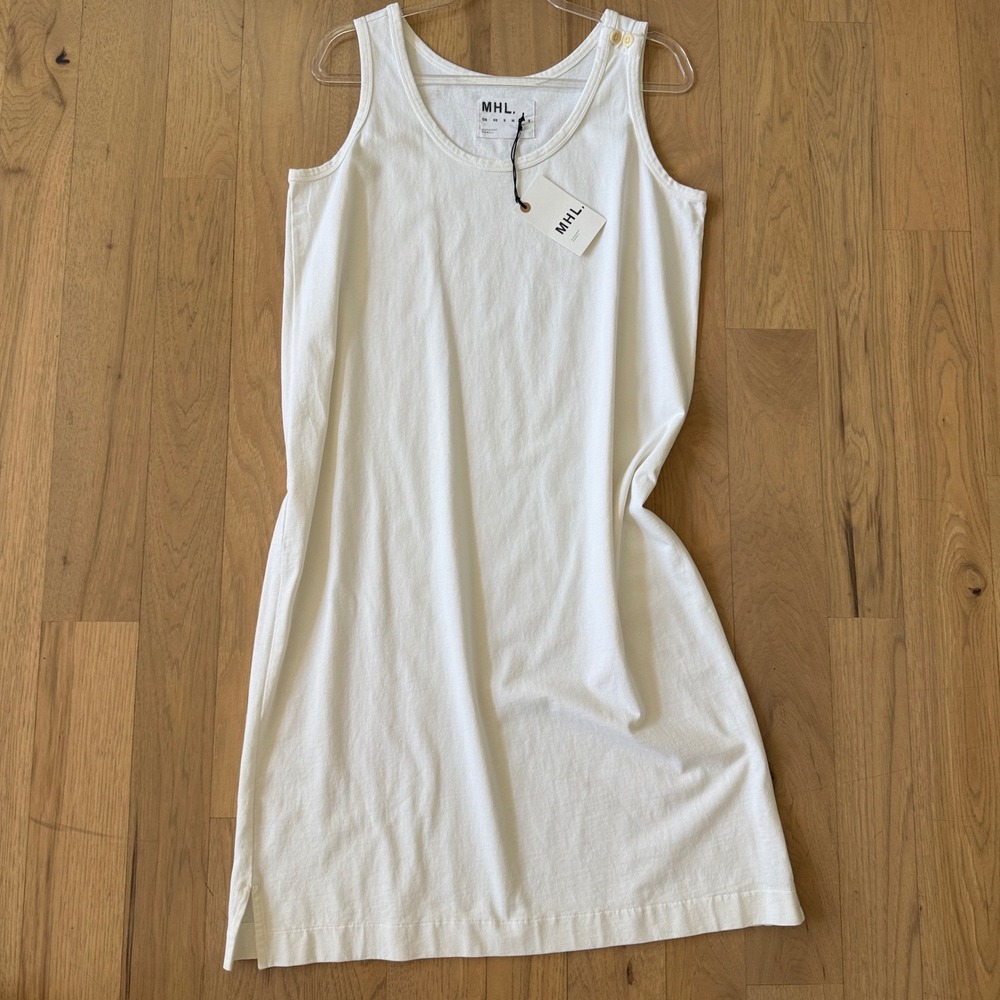 MHL Margaret Howell Tank Dress Women Large White Cotton Button Shoulder Slit